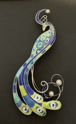 VTG Cloisonne Enamel Peacock Sterling Silver Pin Brooch Filagree Delicate