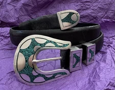 VTG Sterling Silver Gem Inlay México TJ24 Complete 4 Pc Ranger Belt Buckle Set