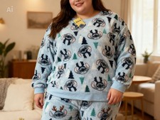 Disney Stitch Christmas Fleece Pajama Set Plus Size Long Sleeve Lightweight