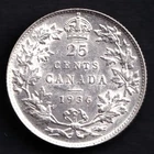 Canada 1936 25 Cent Silver Quarter King George V .800 Silver AU+