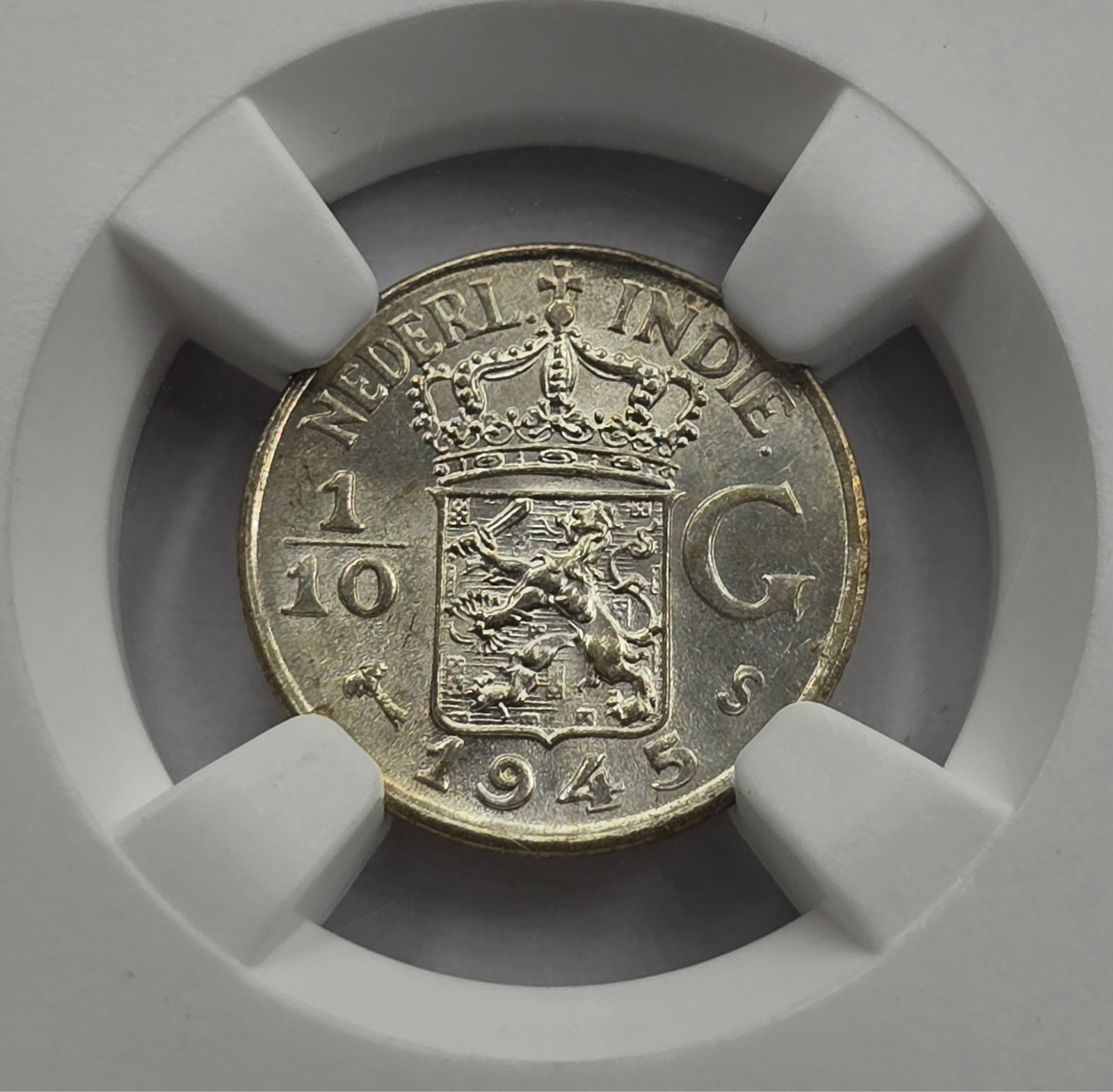 PAÍSES BAJOS 1945 S MONEDA INDIAS ORIENTALES 1/10 FLORÍN NGC MS65