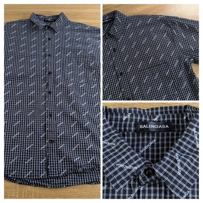 Balenciaga Short Sleeve Button Down Shirt All Over Logo Check Pattern Size 52
