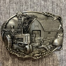 VTG Farmer w/ Tractor and Dog Belt Buckle 1981 Bergamot Brass Works Made In USA