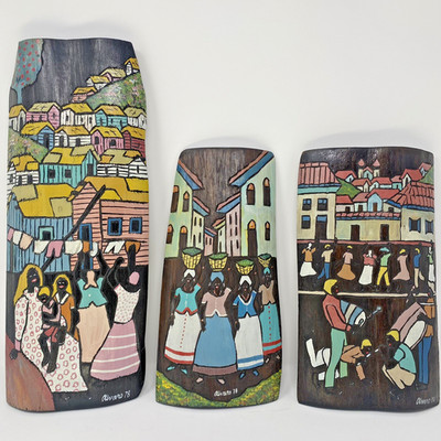 1978 Signed Alvaro Batista Galvao Brazilian Naive Folk Art Trio Painting On Wood