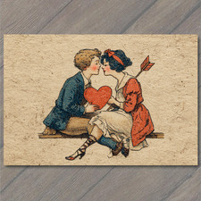 POSTCARD Sweet Antique Style Valentine Couple Kissing Holding Red Heart Arrow