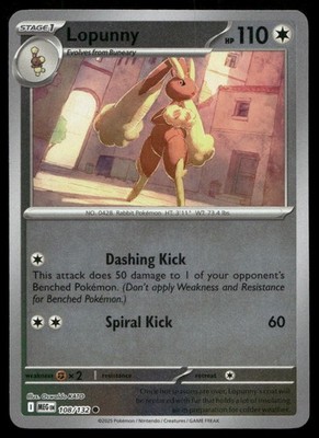 Lopunny 108/132 Common Mega Evolution Pokemon Reverse Holo Near Mint