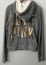 Victoria's Secret PINK Hoodie Full Zip Fur Lined Jacket Sequin Dog Sz Medium