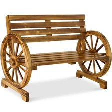 2-Person Rustic Wooden Wagon Wheel Bench w/ Slatted Seat and Backrest