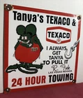 VINTAGE 1963 DATED TANYA’S TEXACO PORCELAIN SIGN TOWING RAT FINK GAS OIL