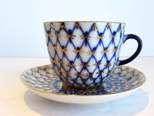 Lomonosov Porcelain Teacup & Saucer Set Blue & Gold Net Design Made in USSR