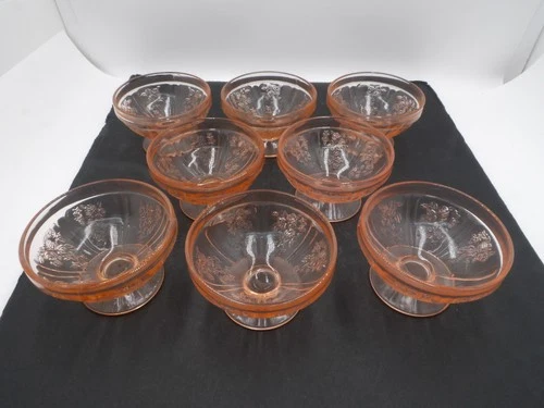 8 Vtg Federal Pink Depression Glass Sherbet Sharon Cabbage Rose Pattern Bowls
