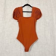 Intimately Free People Bodysuit Women S Rust Orange Ribbed Puff Sleeve Boho Fall