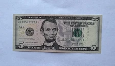 Five of a kind Lucky Seven fancy serial Number $5 Bill: 375-77777