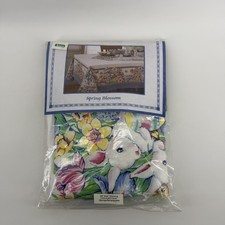 Vtg 80s Bardwil Linens Spring Blossom Tablecloth 60x84 Blue Oblong Easter Bunny