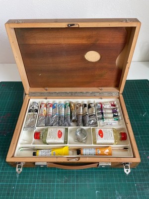 Vintage Lukas Ölfarben Koffer Holz West Germany Ölmalerei Palette 17 Tuben