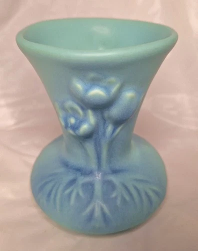 Van Briggle Art Pottery Crocus Vase 4 3/4"  Turquoise & Blue Floral Marked Read