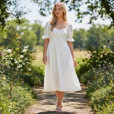 NEW Shein Dress Women's L White Ruched Puff Sleeve Cottagecore Boho A-Line