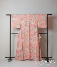 Kimono japonais vintage Houmongi robe en soie motif fleurs roses nuage...