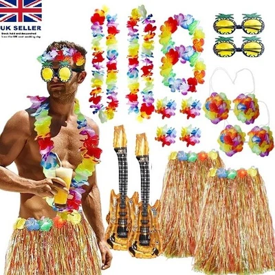 AMYCUTE 2x Hawaiian Fancy Dress Costume Hula Grass Skirt Flower Garland Bra Aloha 16Pcs