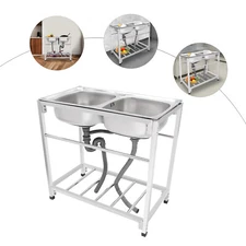 Commercial Stainless Steel Sink, Kitchen Freestanding Double Bowl Utility Sink