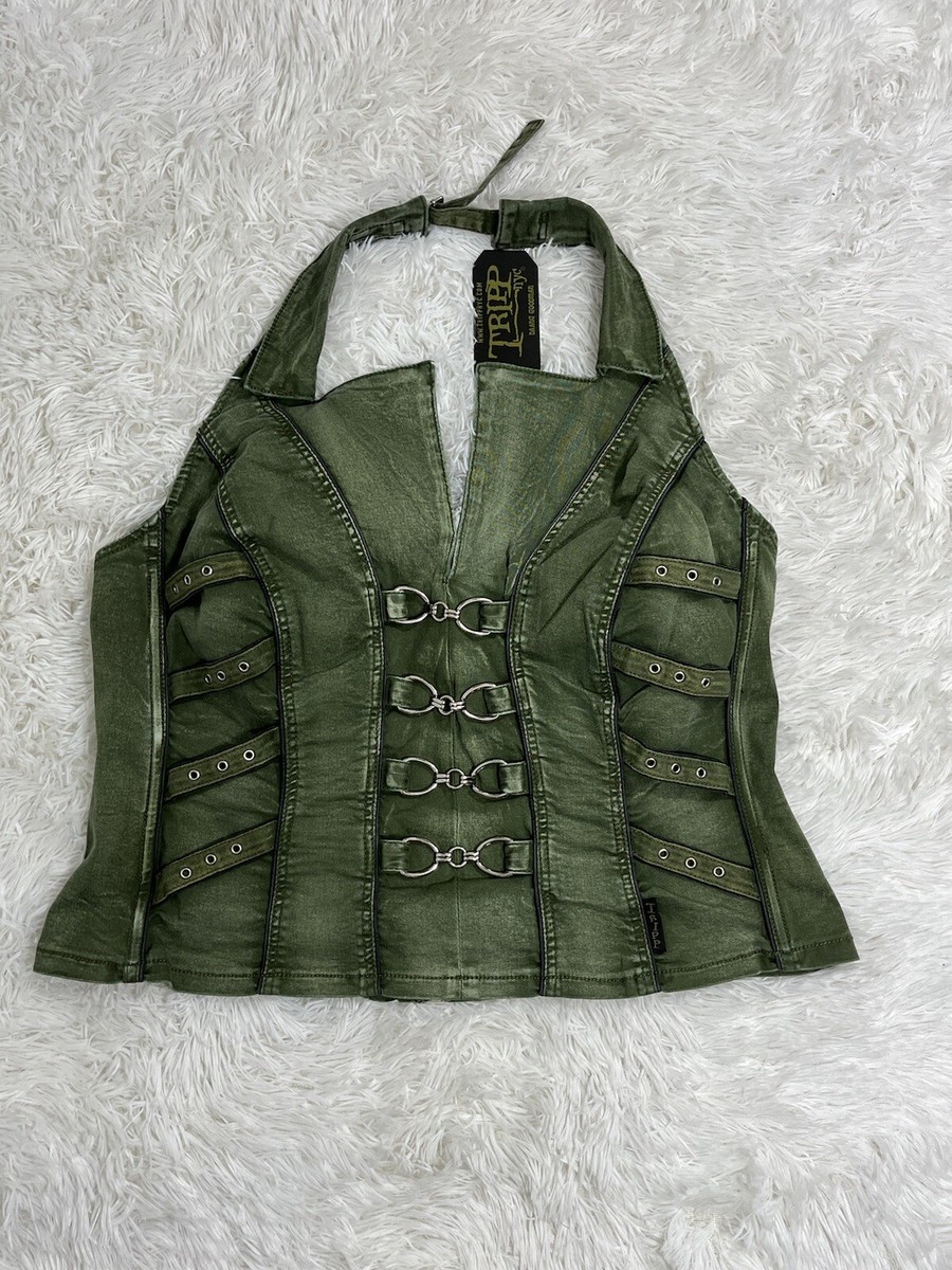 TRIPP NYC Peace Acid Was Denim Corset Vest Halter Top Buckle