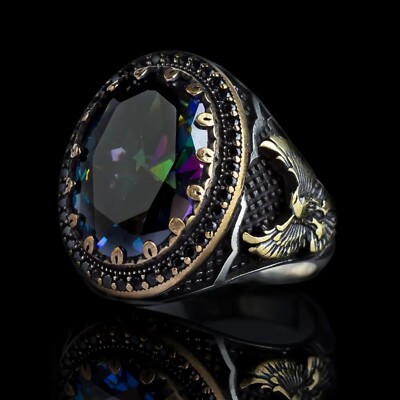 Solid 925 Sterling Silver Turkish Jewelry Mystic Topaz Men's Ring All Size 