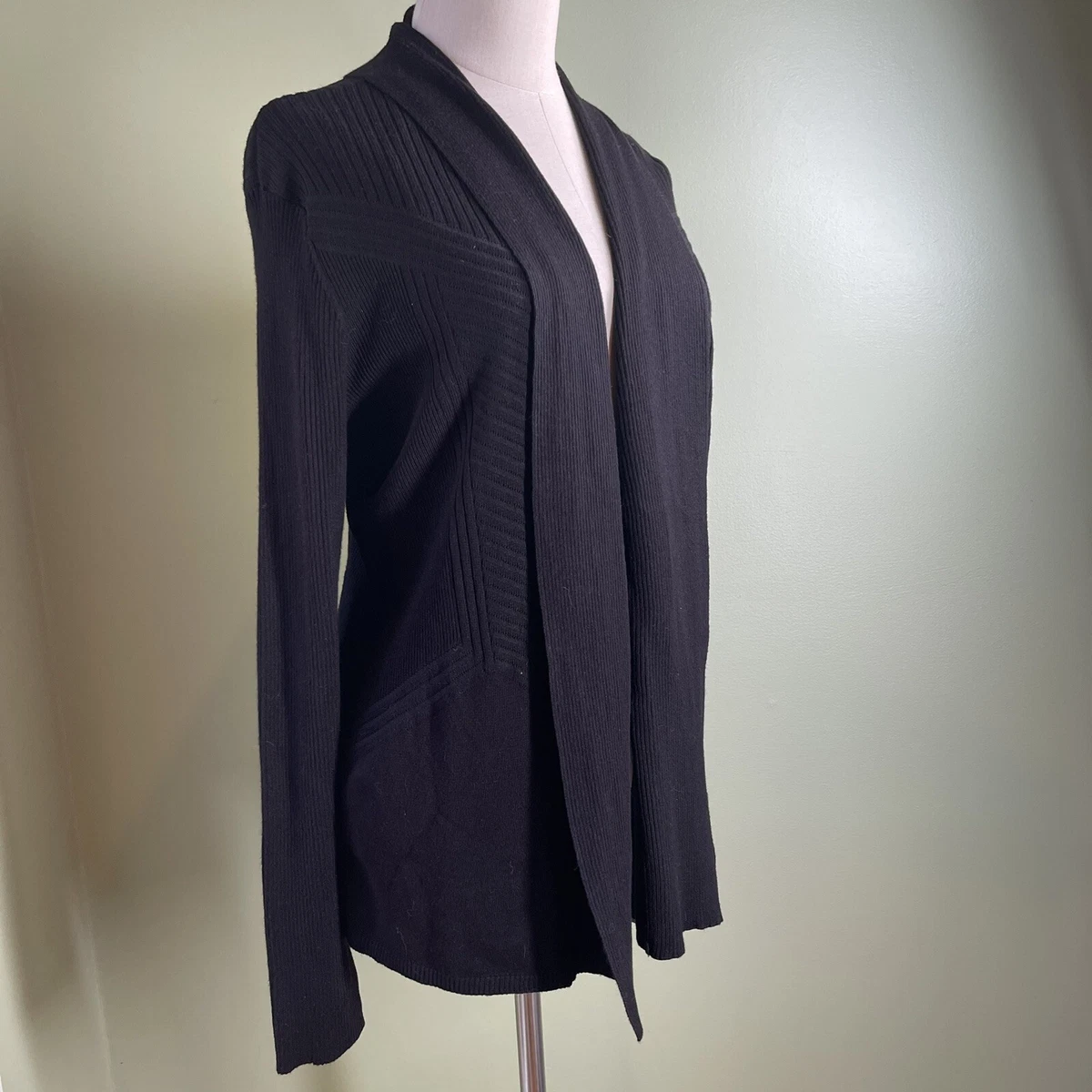 NEW 89th Madison Black Long Stretch Open Knit Cardigan Sweater