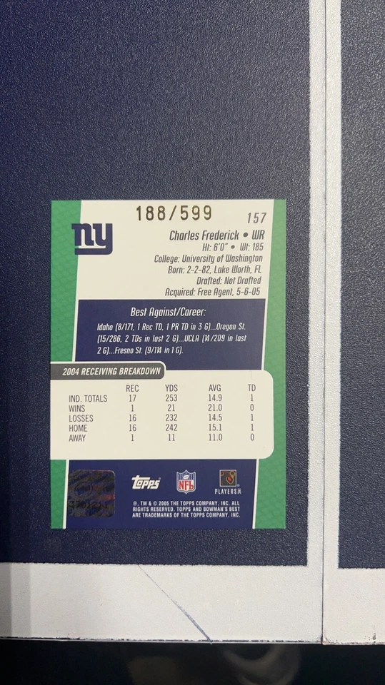 2005 Bowman's Best Green /599 Charles Frederick #157 Rookie Auto Card Giants - Image 2 of 2