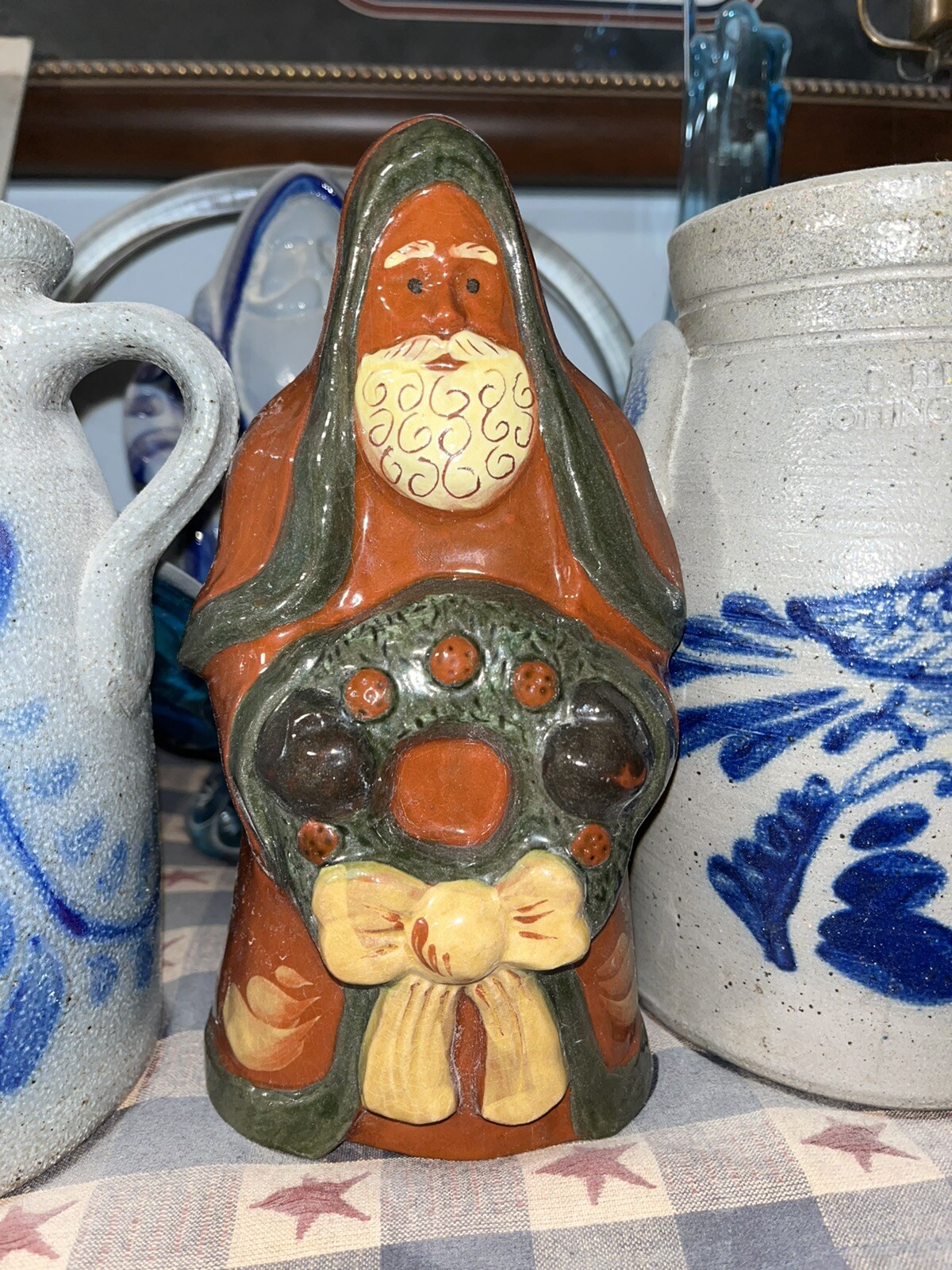 Eldreth Redware Pottery Christmas Santa W/ Wreath PA Folk Art Figurine
