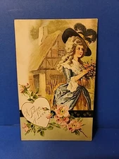 Antique GERMANY 1915 VALENTINE Postcard Girl Cottage Garden HEART Flowers Emboss
