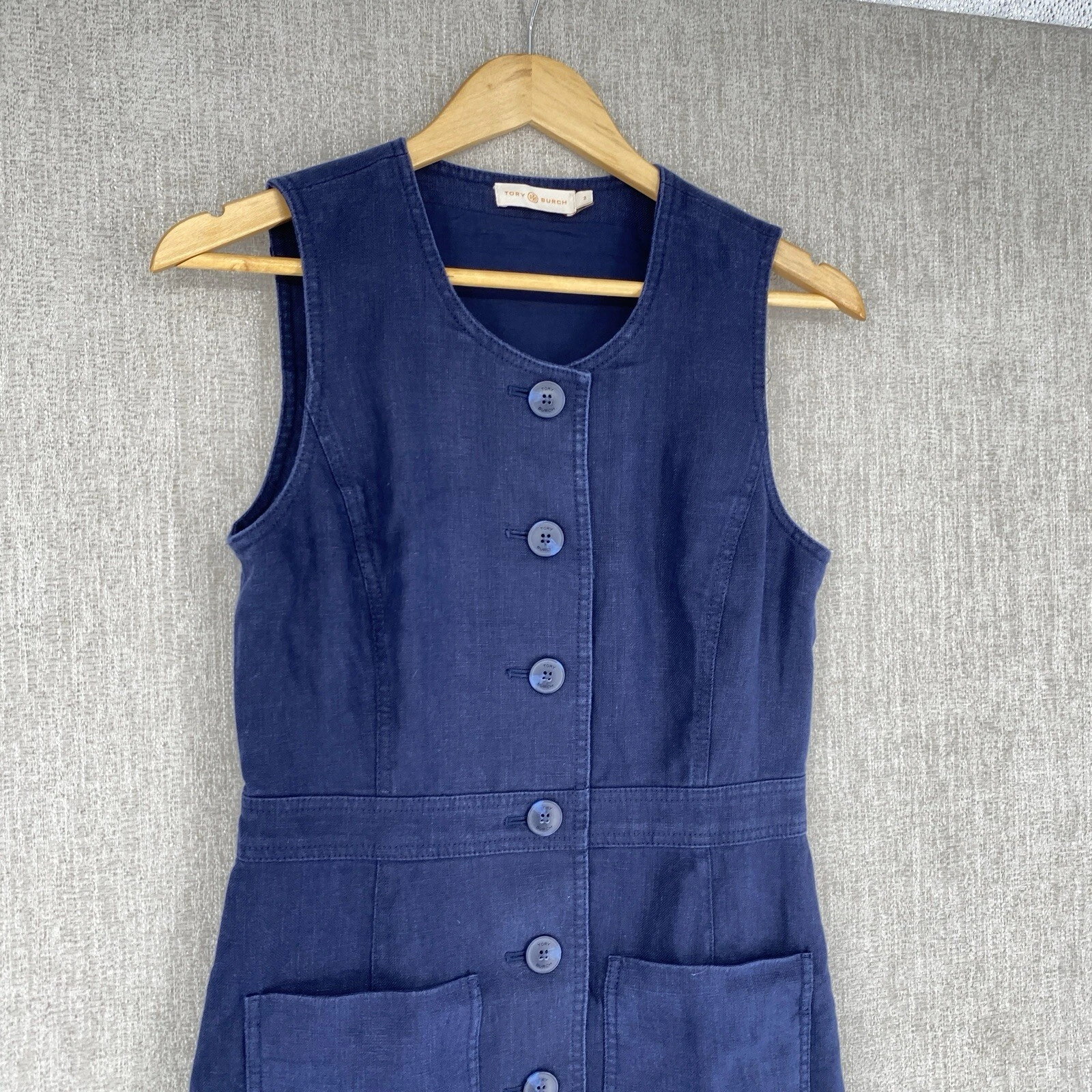 Abito Tory Burch donna 2 blu denim lino smanicato bottoni tasca cambio jeans