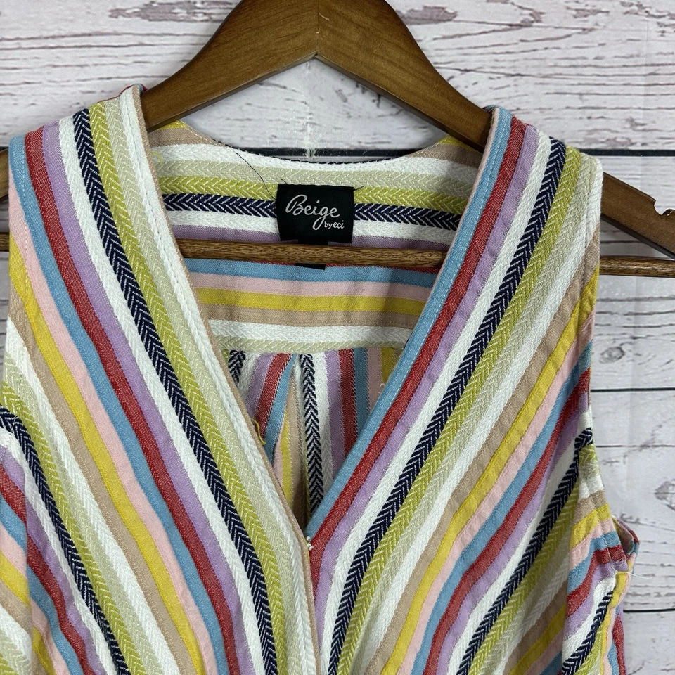 Camisa Top Beige Eci Para Mujer Mediana Envolvente Rayas Sin Mangas Texturizada Multicolor Foto 2 de 4