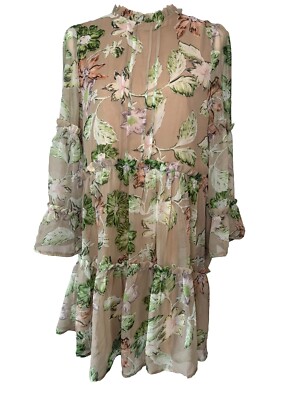 Polly Floral Chiffon Lined Tiered Floral Dress Size 6 Bell Sleeve Pintuck Pleats
