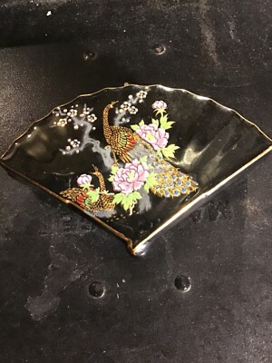 Vtg Asahi Black Porcelain Fan Trinket Box Cloisonne Gold Peacock & Trim Japan
