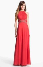 JS Collections Embellished Pleated Chiffon Gown Sz 4 Scarlet
