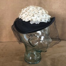 Vintage black white fabric flowers veil netting hat cloche 1950s wedding
