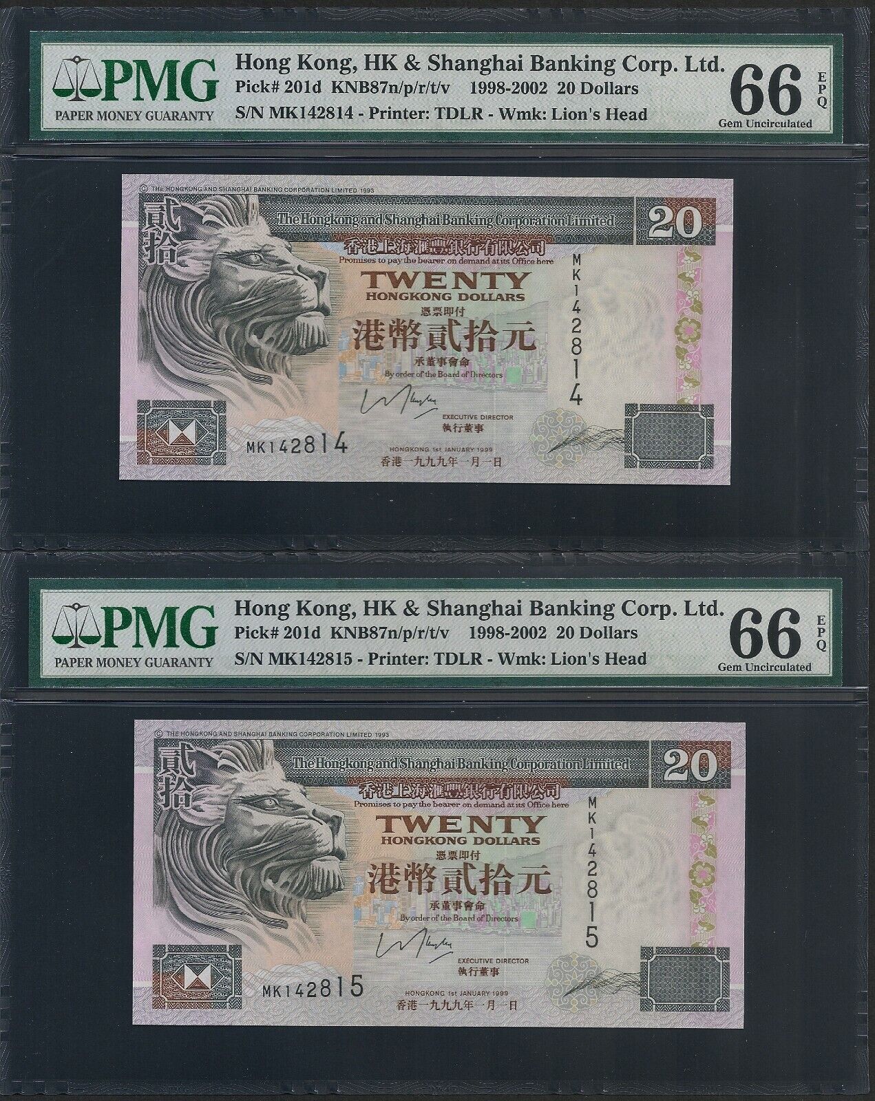 2X1999 Hong Max 50% OFF Kong HSBC Attention brand $20 Notes P-201d PMG Gem 66 i Both UNC EPQ