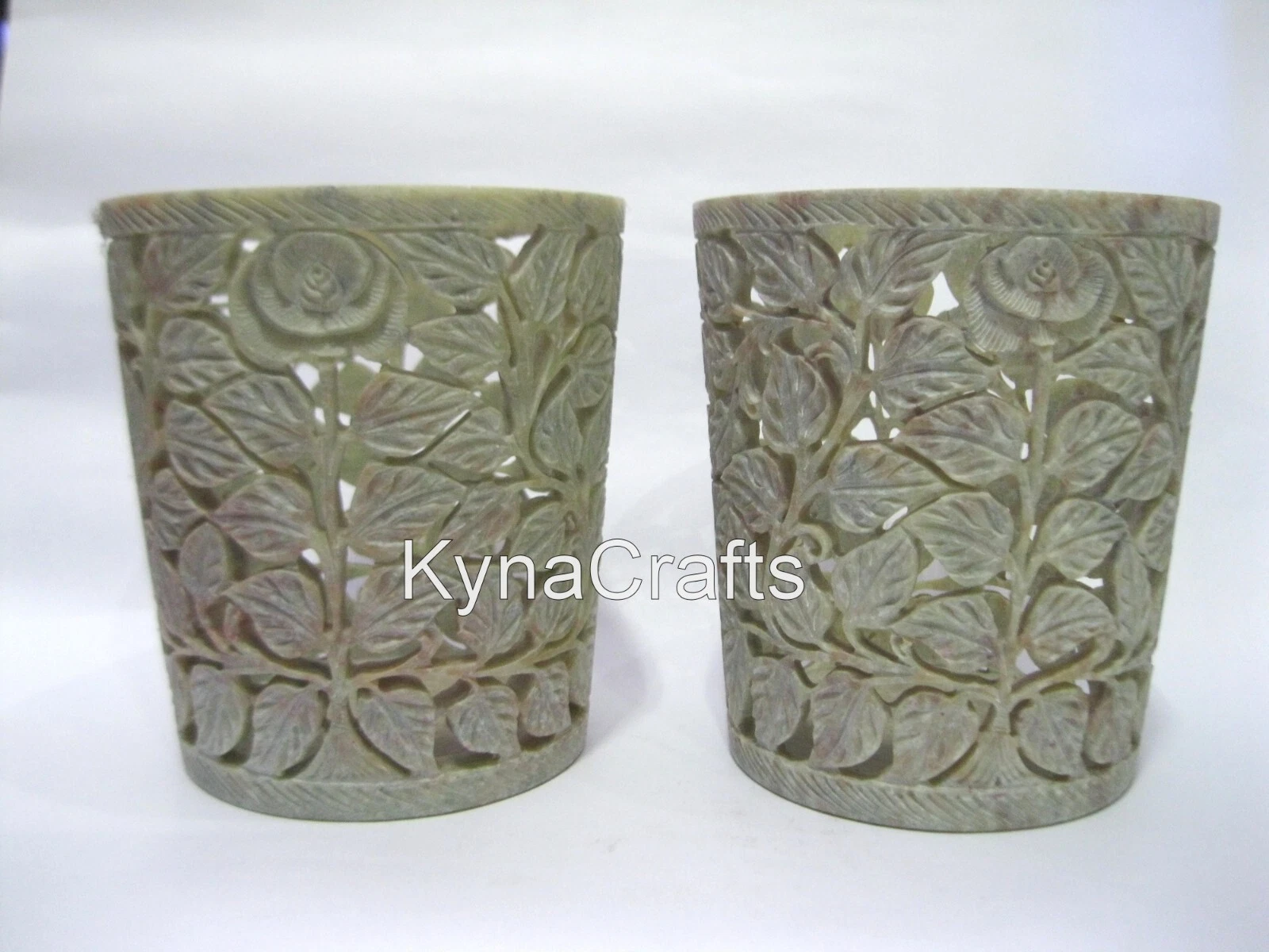6 Inches Saop Stone Flower Vase Handmade Work Plan Pot fo Hotel Set of 2 Piece
