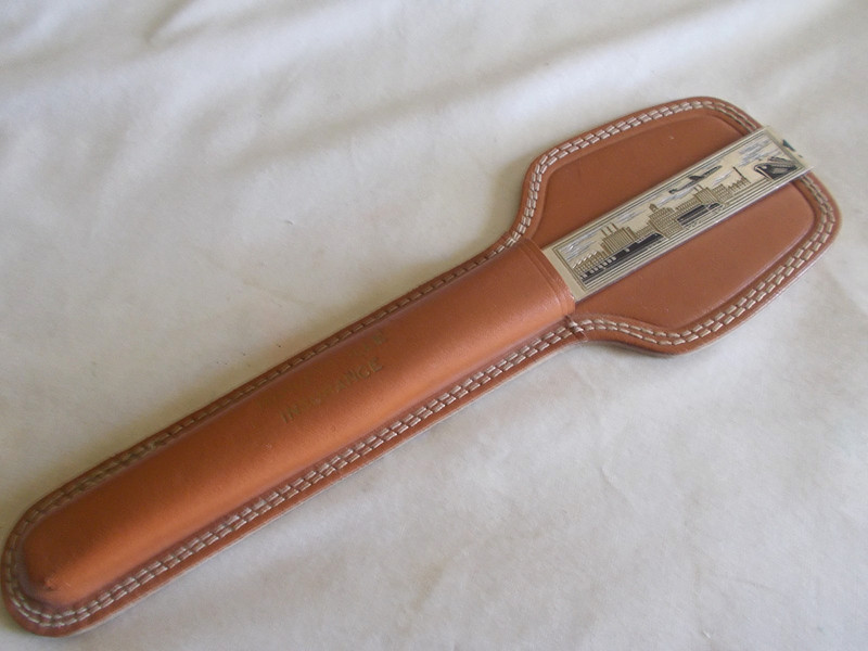 VINTAGE SOLINGEN ENGRAVED RULER LETTER OPENER IN COWHIDE CASE GERMANY