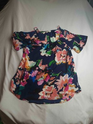 Spense Blouse Womens Large Navy Blue Floral Woven Short Sleeve Cold Shoulder 