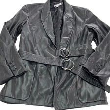 Eudon Choi Blazer Women Size 12 Black Faux Leather Belted Chic
