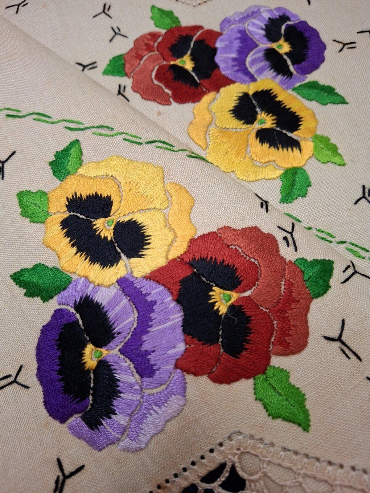 Stunning Coloured Pansies/Pansy Vintage Hand Embroidered Centrepiece