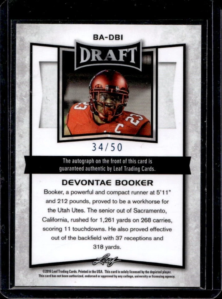 2016 Leaf Draft Devontae Booker Auto Rookie RC #A-DB2 Utes - Image 2 of 2