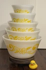 Vintage  Federal Glass Yellow Flower Daisy Scroll Pattern  Set of 5 Mixing Bowls