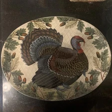 Turkey & Acorns Stoneware Oval Serving Platter (14" x 19") John Derian Company