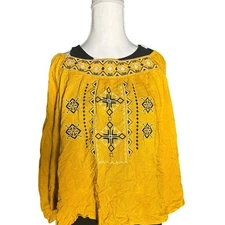 Bohemian Loose Flowing Embroidered Mustard   Lightweight Elastic Shoulder Shirt