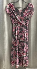 Maxi Dress Common Floral Women's Pink Grey Faux Wrap Lace Up Back Slit M Medium