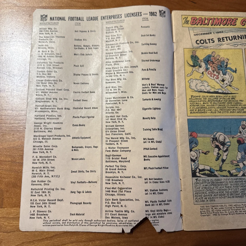 ¡VINTAGE! Cómic de los Baltimore Colts 1962 ¡La NFL incluye a Johnny Unitas! Foto 3 de 4