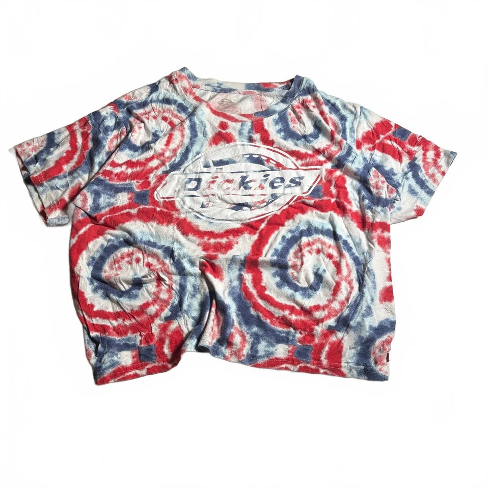 Dickies Tie-Dye Crop T-Shirt Red Blue White Relaxed Fit Casual