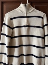 Polo Ralph Lauren Boys L 14-16 Cream Navy Stripe Sweater 1/4 Zip Classic Cotton